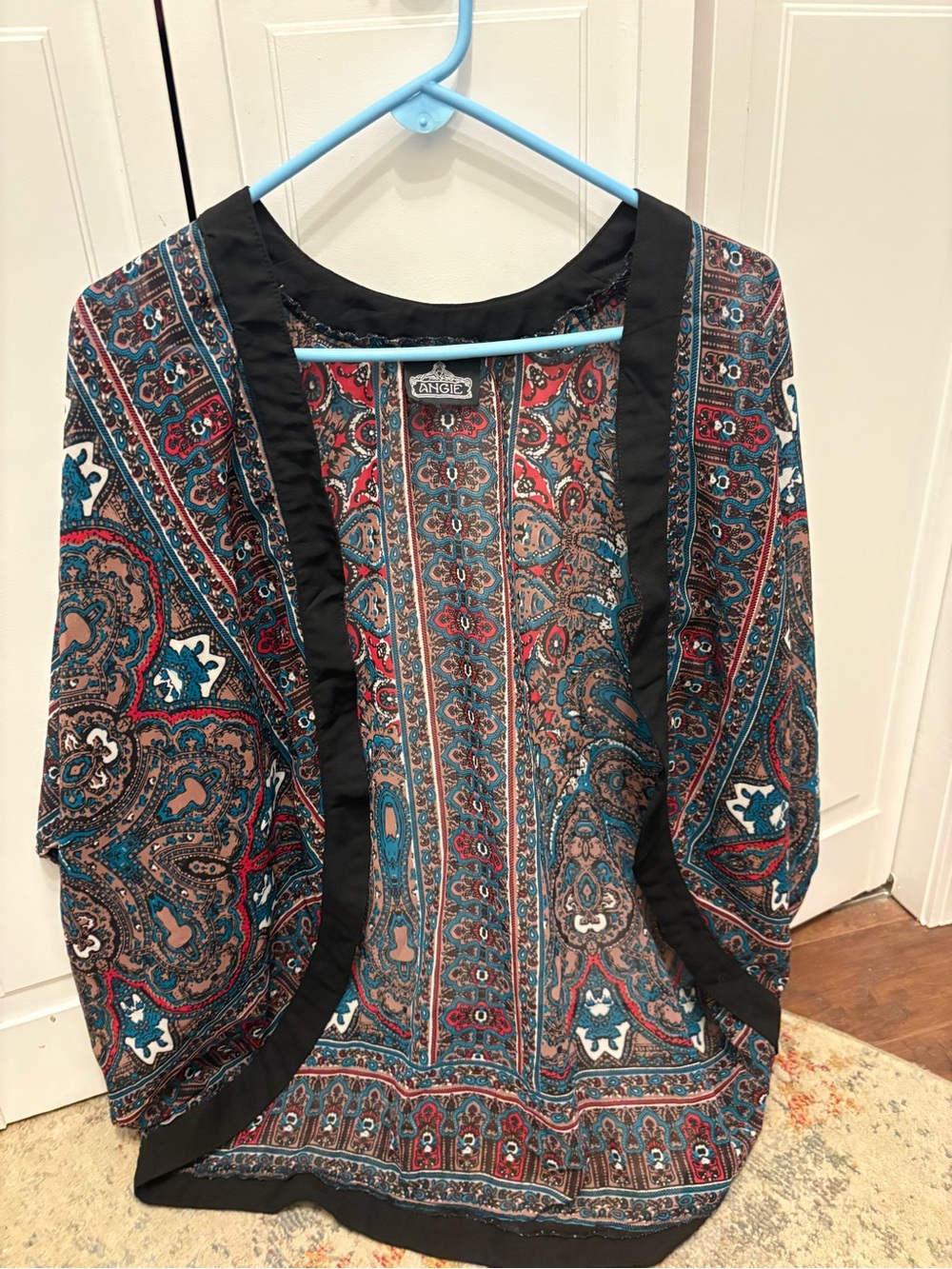Angie Paisley Open-Front Kimono Jacket in Teal, Red & Black